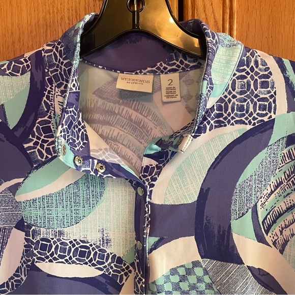 Chico's Blue & Teal 1/4 snap  short sleeve Shirt size 2(large) - Picture 2 of 6